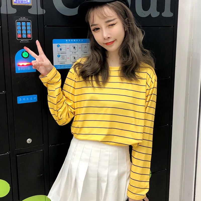 autumn Fashion Harajuku Striped T-Shirts Female Loose O-Neck long sleeve Casual T shirt yellow Street for Women Camisetas Mujer