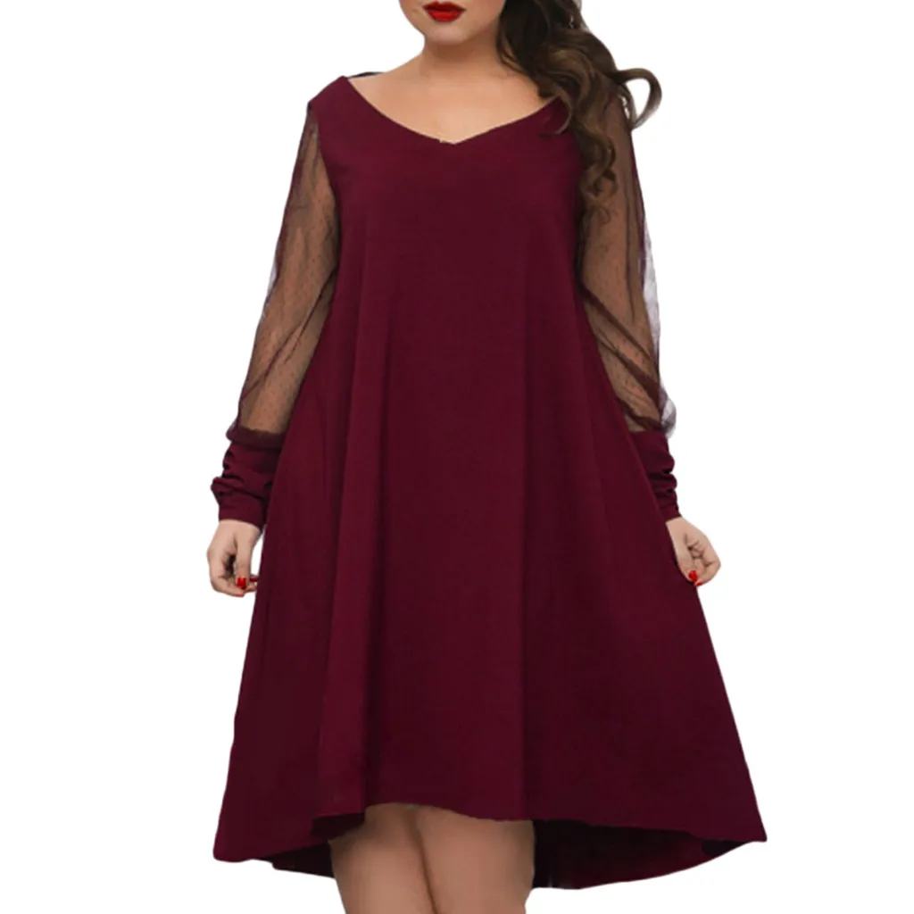 

Plus Size Women Long Sleeve Baggy Midi Dress Ladies Party V Neck Tunic Dress Top