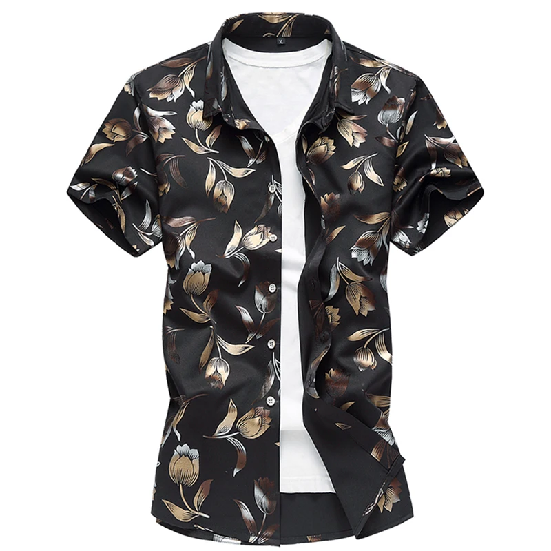 Новые Брендовые мужские рубашки с коротким рукавом Гавайские повседневные рубашки с цветочным принтом для мужчин Slim Fit плюс размер M-7XL модный принт Летний стиль - Цвет: Черный