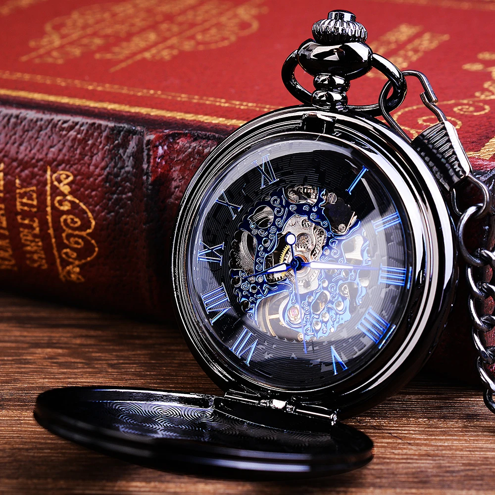 Retro Blue Skeleton Steel Hunter Men Fashion Pocket Watch Steampunk Roman Hand Wind Mechanical Male Flip 4