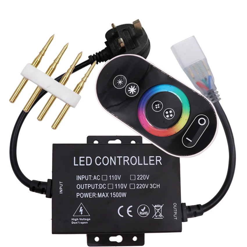 

110V/220V Full Touch LED RGB Controller 1500W 8mm/10mm PCB RF Remote Led Strip Dimmer Controller With UK/AU/US/EU Connector Plug