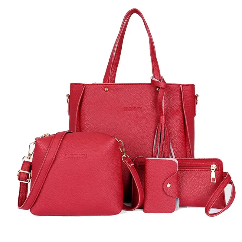 4 шт./компл. для женщин сумки большой ёмкость комплект косметических сумок кисточкой Сумочка Мода Сумка Кошелек Дамы Crossbody Черный, Красный