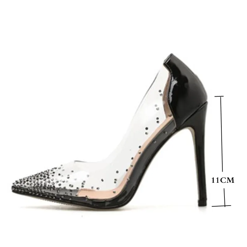 New autumn women shoes Pointed Toe Rivet shoes Sexy Gladiator nightclub pumps Plus Size 35-40 Transparent diamondl shoes
