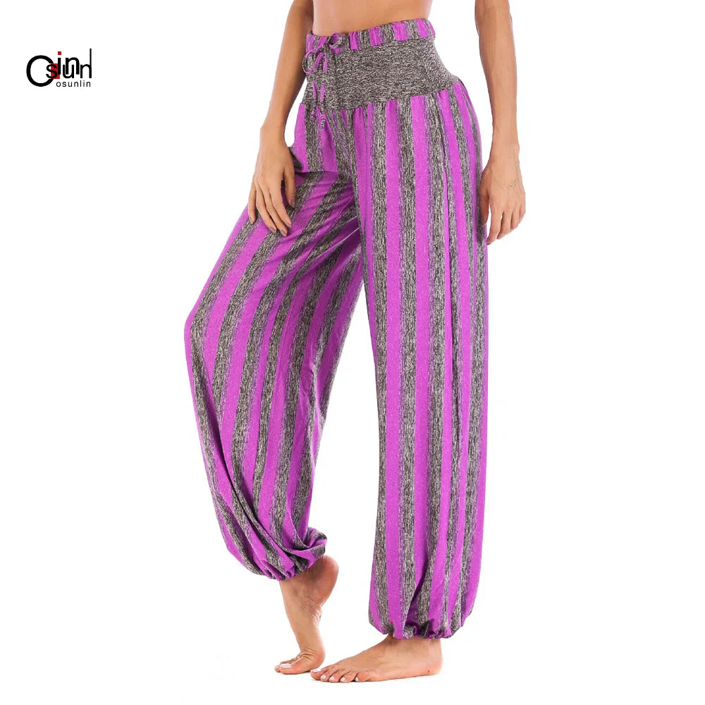 

Osunlin NEW Fashion Women Casual Striped Pants High Waist Wide Leg Pants Loose Harem Pants Elastic Waist Drawstring Bow Trousers