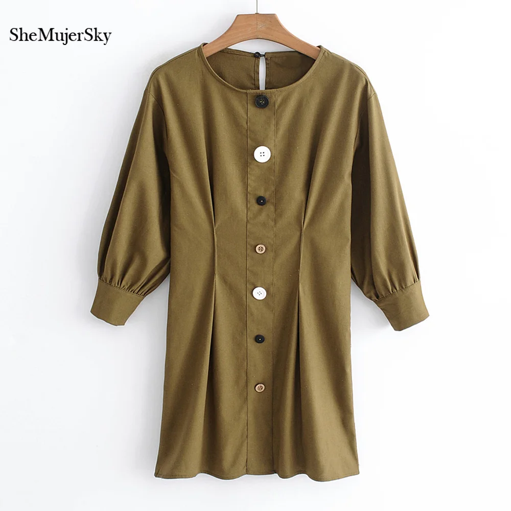 

SheMujerSky Vintage Army Green Dress Women O-neck Solid Elegant Ladies Dresses sukienki