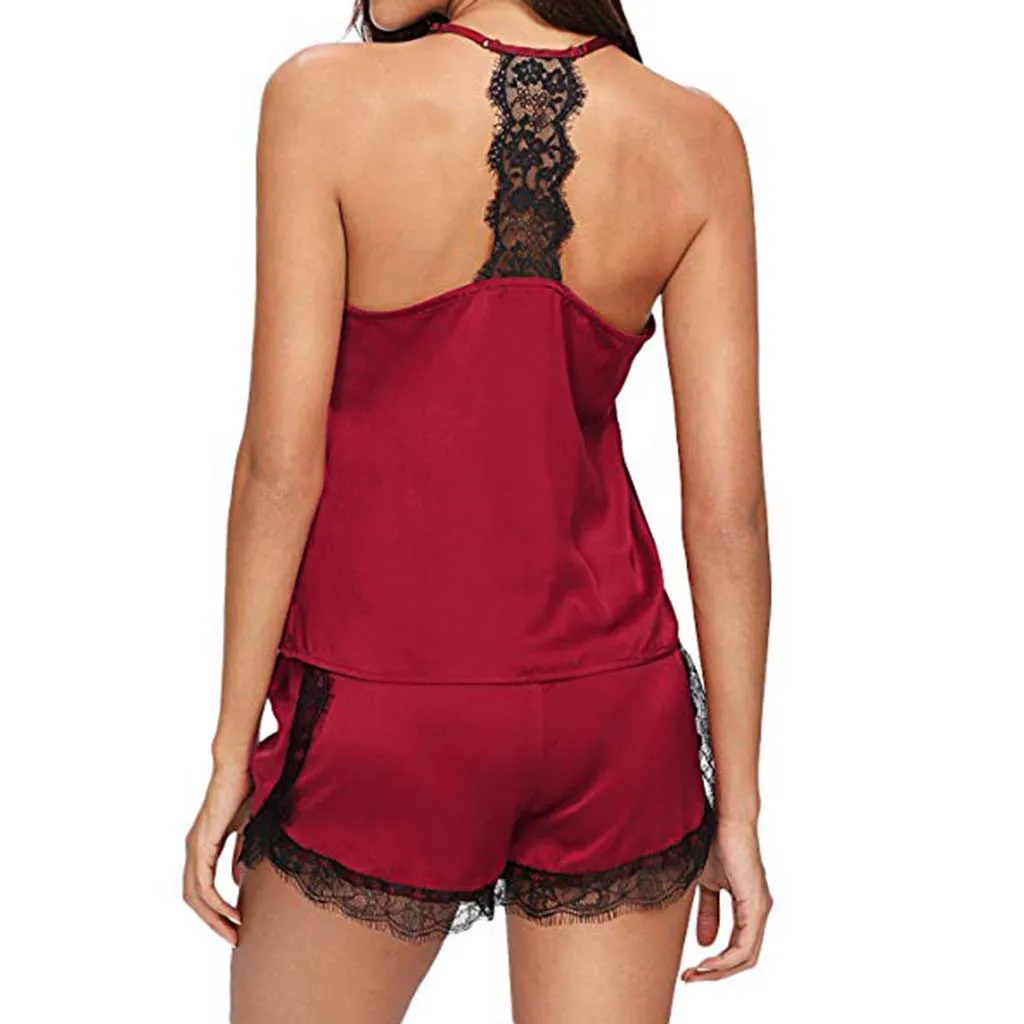 Женская одежда для сна, Сексуальный Атласный пижамный комплект, черный кружевной топ с v-образным вырезом без рукавов и шорты