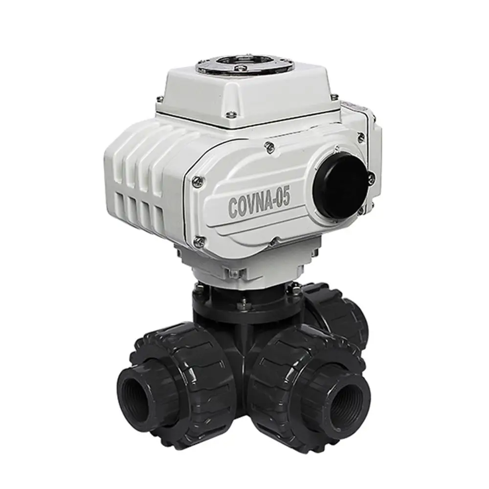 ПВХ 1 дюйм моторизованный 3 способа шаровой клапан модулирующего типа 4-20мА двойной соединение DN25 пластиковый Электрический шаровой клапан PTFE сиденье