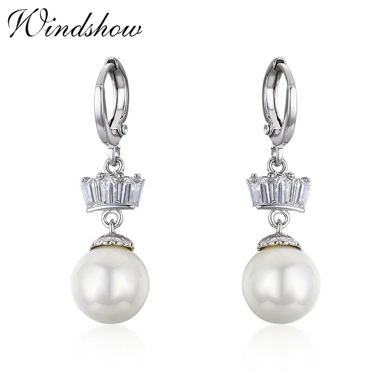 

White Gold Color Aulic Hoop Link Crown CZ & Faux White Pearl Ball Drop Dangle Earrings For Women Jewelry Bijoux