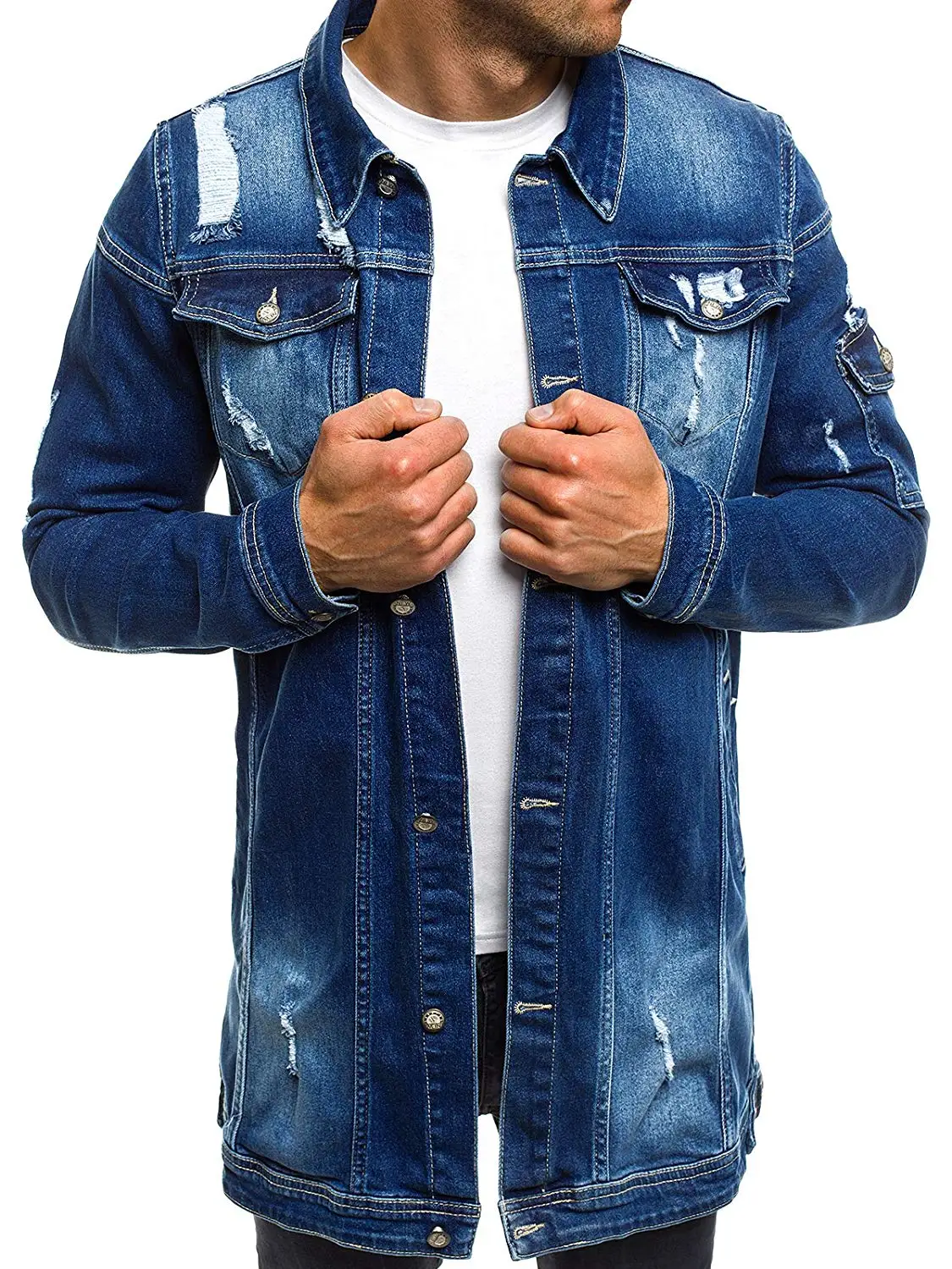 Джинсовая куртка, Весенняя и осенняя мужская модная куртка с дырками из коровьей кожи, качественная ткань, Мужская тонкая Длинная джинсовая куртка большого размера