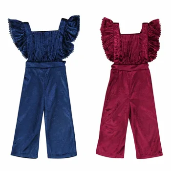 

Purple Blue Ruffle Sleeve Velvet Girls Overall Criss Cross Backless Birthday Evening Party Girl Jumpsuit Suspender Clothes