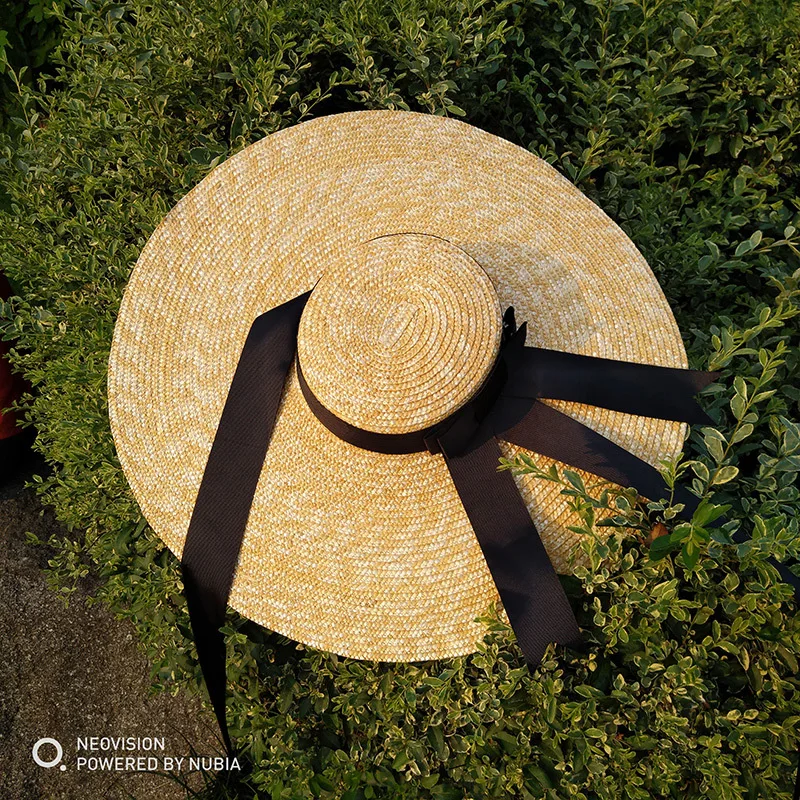 Летняя негабаритная соломенная шляпа 15 см, Женская пляжная Солнцезащитная соломенная шляпа с плоским верхом, свадебная шляпа для фотосъемки