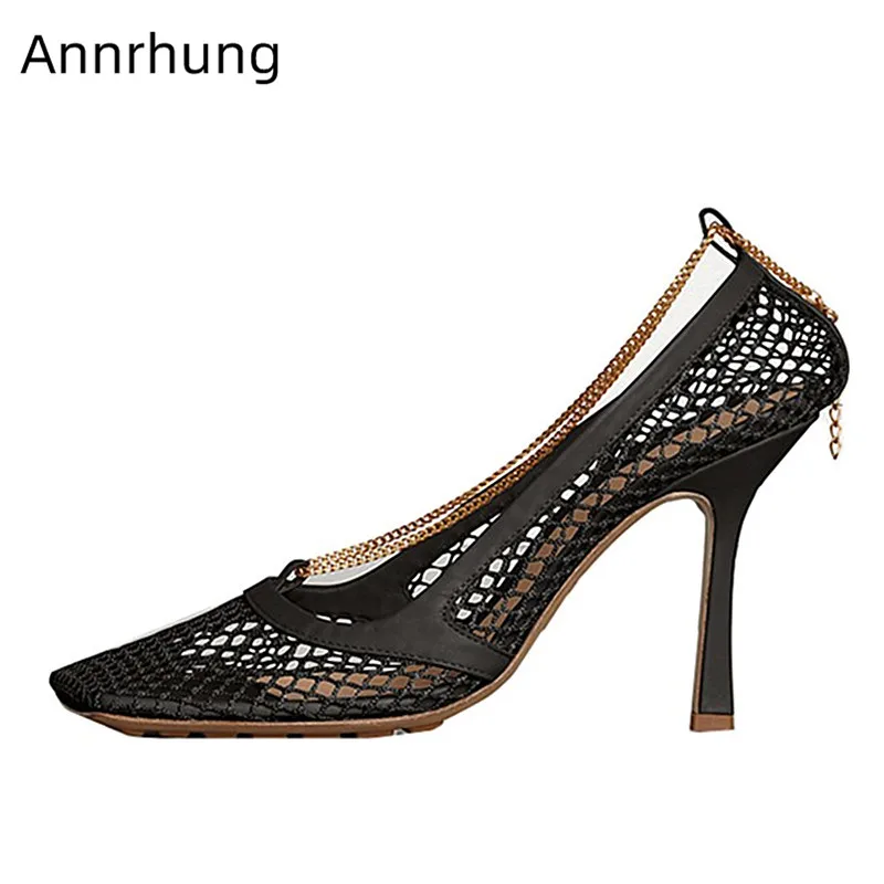 

Metal Thin Chain Decor Sandals Breathable Mesh Shoes Women Concise Square Toe Thin High Heels Sexy Mesh Sandalias Mujer 2019