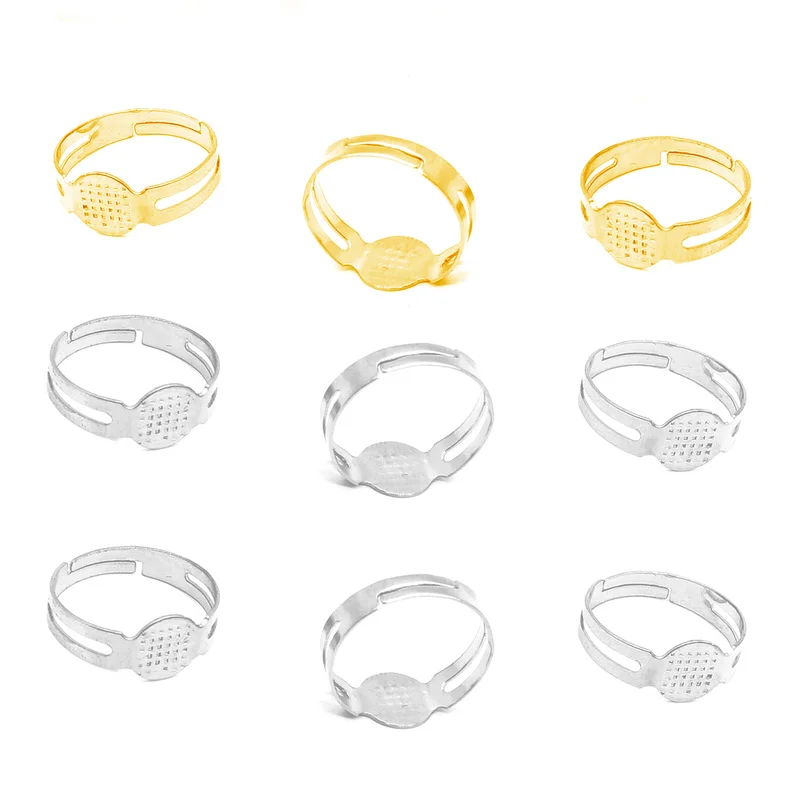 

20pcs/lot 8mm Gold silver Adjustable Ring Flat Pad bezel Cabochon Bases Setting Blanks DIY Ring Jewelry Supplies Finding