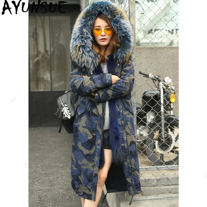 AYUNSUE, парка с подкладкой из натурального меха енота, женская одежда, зимняя женская куртка, Воротник из лисьего меха, корейское длинное пальто, верхняя одежда MY3552
