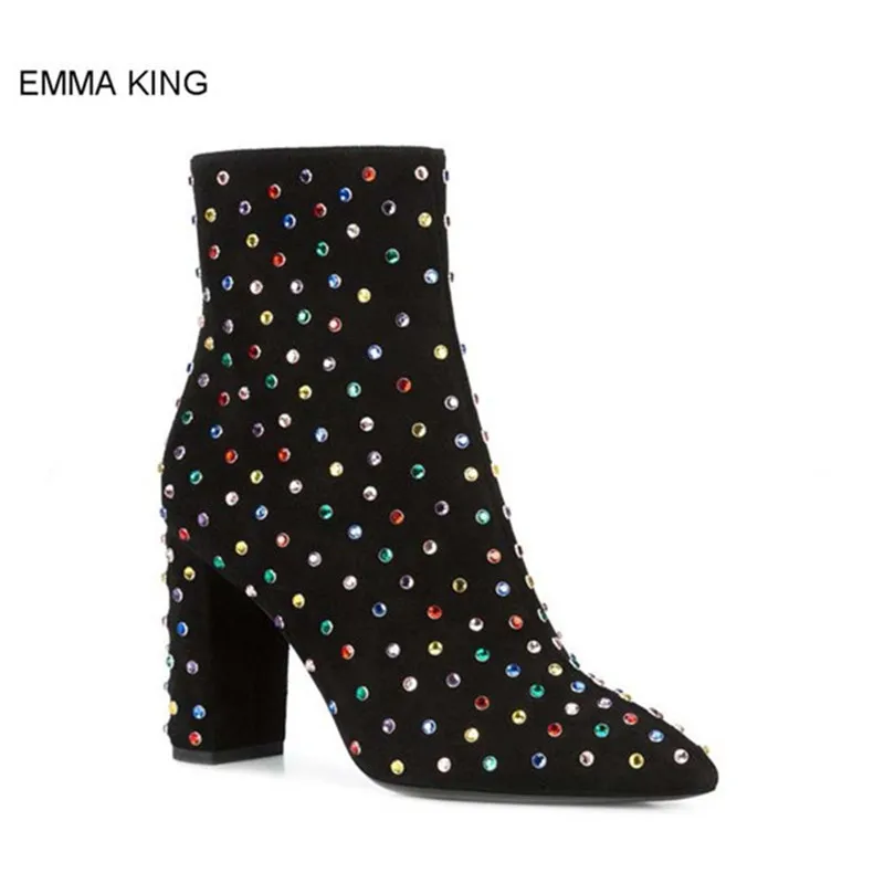 

2019 Women Colorful Rhinestones Ankle Boots Thick High Heels Short Boots Mixed Colors Zipper Crystal Pointed Toe Ladies Shoes