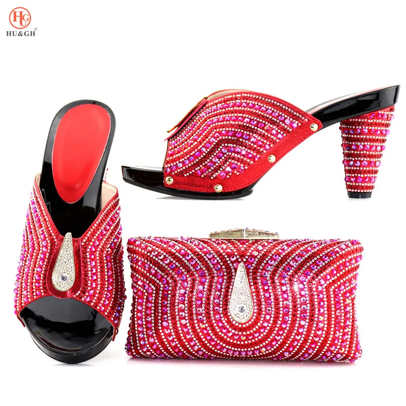 

2018 New Red Color High Quality Latest Rhinestone Italian Shoes With Matching Bags Nice Looking African Women Shoes and Bag Set