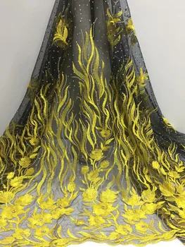 

Latest Yellow African Lace Fabric 2018 High Quality Lace Embroidery French Mesh with Rhinestones Nigerian Lace Fabrics Material