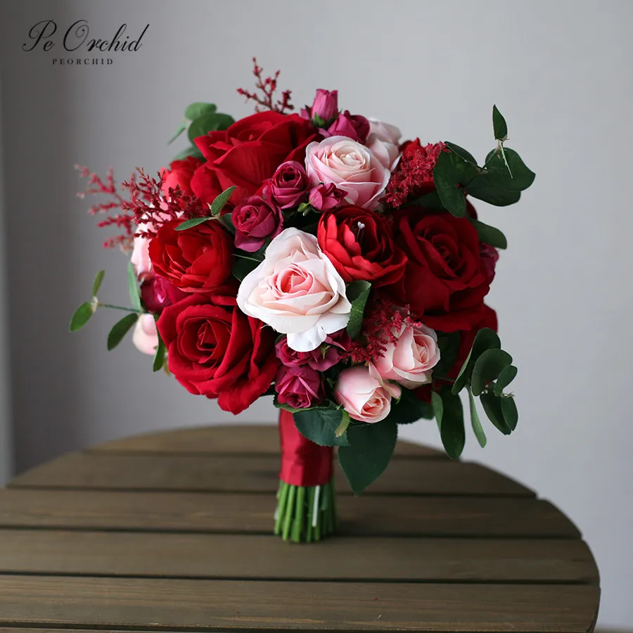 

PEORCHID Red Bridal Rose Bouquet Flowers Vintage Trouwboeket Artificial Pink Silk Wedding Bridesmaid Bouquet Ramo Dama Honor