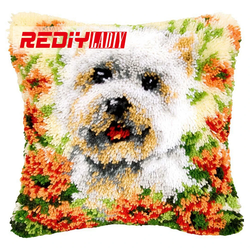 

REDIY LADIY Latch Hook Cushion Kits for Embroidery Yarn Needlework Sofa Car Decorative Pillow Printed Canvas Puppy with Floral
