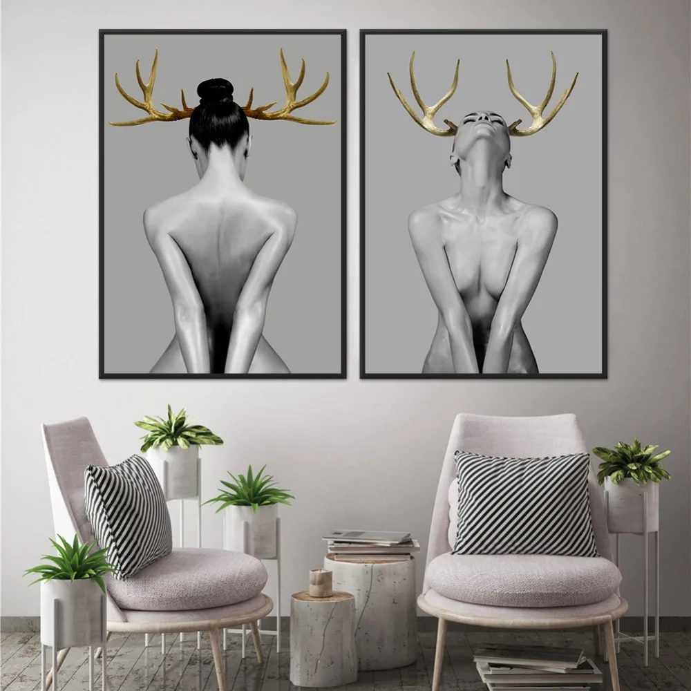 Modern Black White Elk Antlers Nude Women Canvas Painting Wall Art Poster Picture For Living Room Bedroom Home Decor No Frame