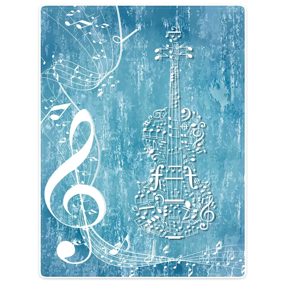 HommomH Blanket Throw Comfort Warm Soft Plush For Sofa White Music Symbols Composing Guitar Blue | Дом и сад