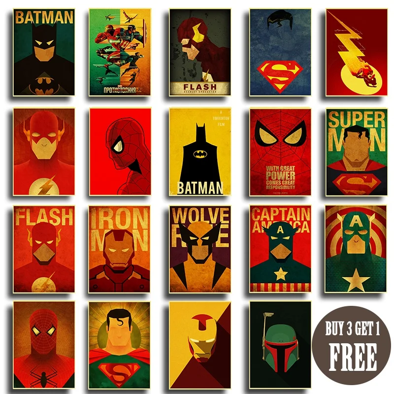

Retro Anime Superhero Wall Sticker Batman Captain America Flash Superman Spiderman iron Man Minimal Heroes Comics Art Poster