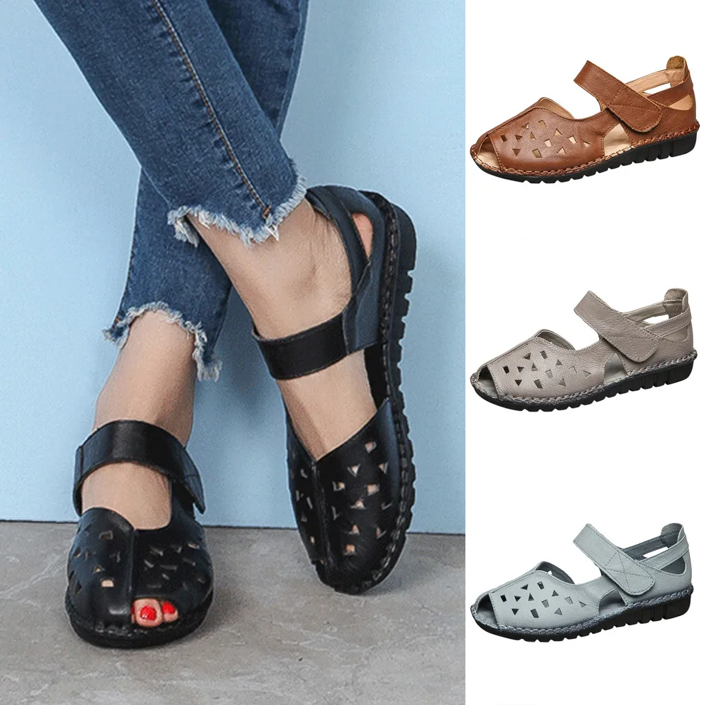 Women's Sandals Soft Bottom National Fish Mouth Ladies Sandals Summer Hollow Flat Shoes Female Soft Beach Shoes Chaussures C40