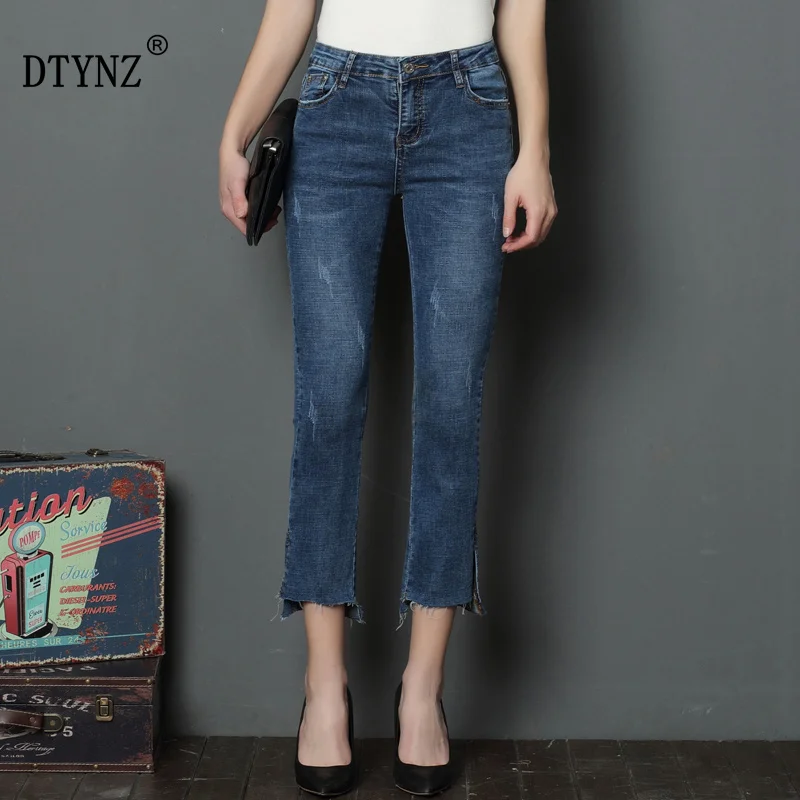 

DTYNZ women high elastic scratches Irregular Forked trouser feet jeans Autumn Stylish comfortable Close-fitting Flare Pants