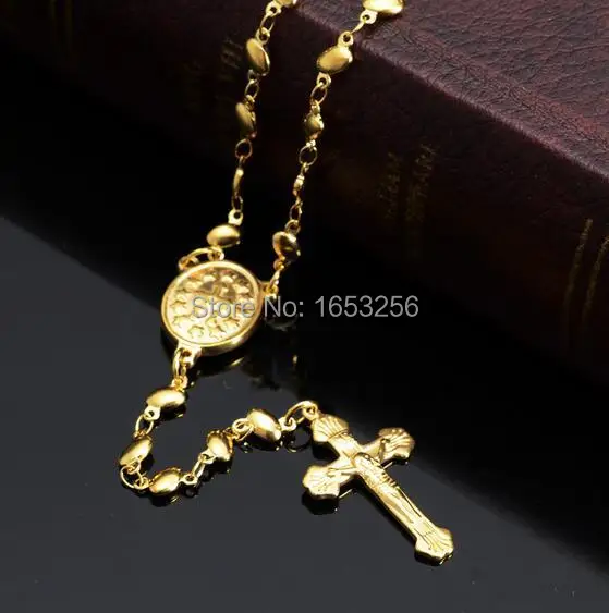 

Gold Heart Rosary Chain Stainless Steel religious Jesus Crucifix Cross Necklace Pendant Sweet Women Jewelry