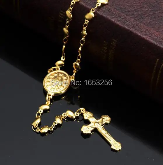 Gold Herz Rosenkranz Kette Edelstahl religiöse Jesus Kruzifix Kreuz  Halskette Anhänger Süße Frauen Schmuck