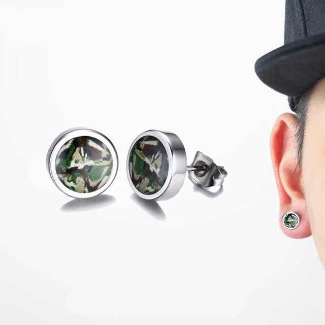 Mens Earrings Green Camouflage Dome Stud Stainless Steel Mens Earrings Green Camouflage Dome Stud Stainless Steel Cabochon Army Military Camo Earring Men Hiphop