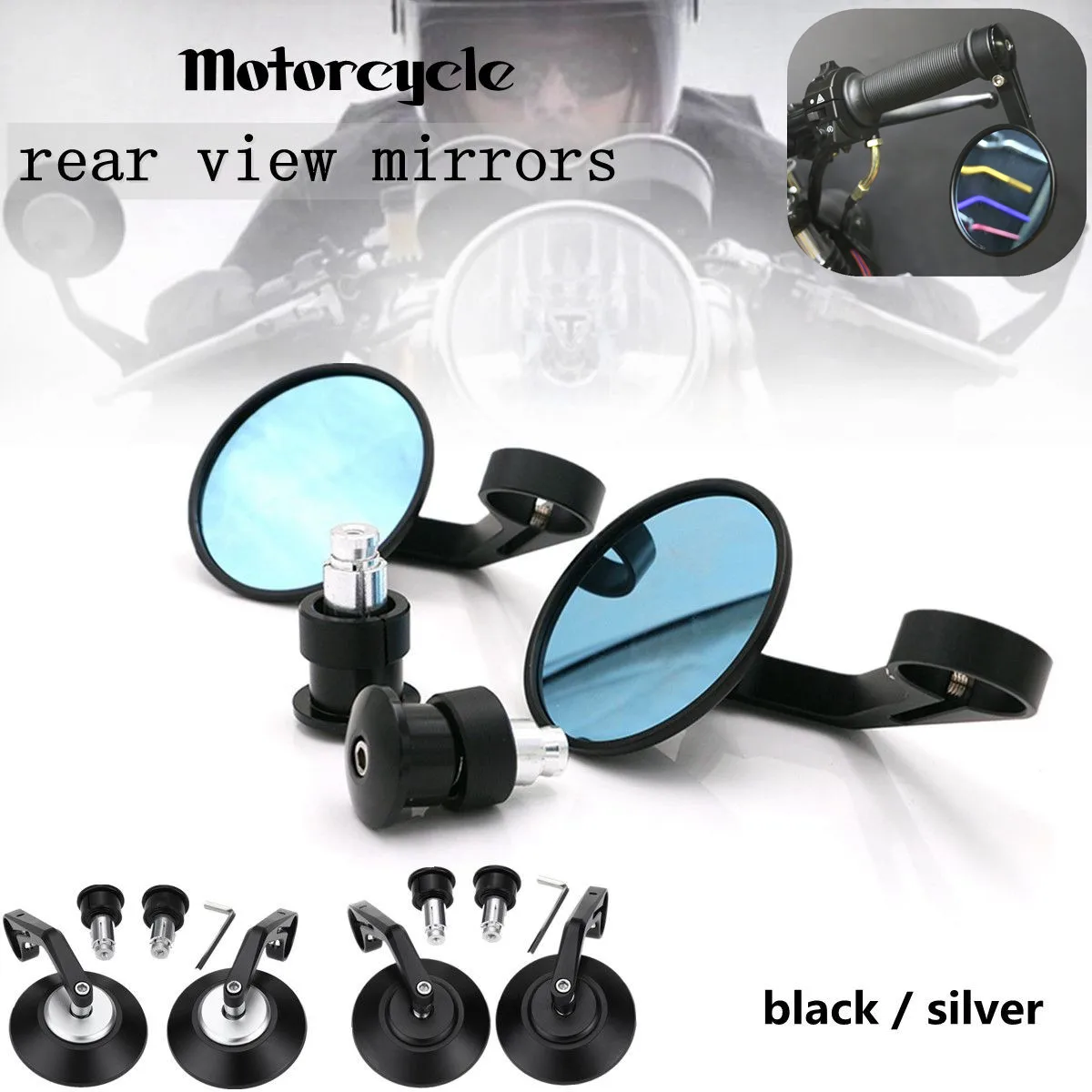 

Universal 7/8" Round Motorcycle Rear View Mirror Handle Bar End Rearview Side Cafe Racer Mirrors Black Silver