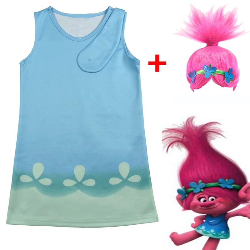 

2018 New Troll Wig +dresses set Children Costumes For Girls Carnival Kids Costumes Summer Girl Dress Trolls Clothes Poppy Party