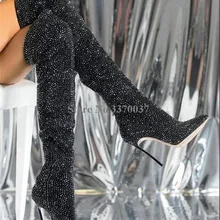 Для женщин роскошный острый носок черный шикарные Стразы каблук-стилет Сапоги выше колен(ботфорты) с украшением в виде кристаллов длинные, с высоким каблуком; обувь для ночного клуба