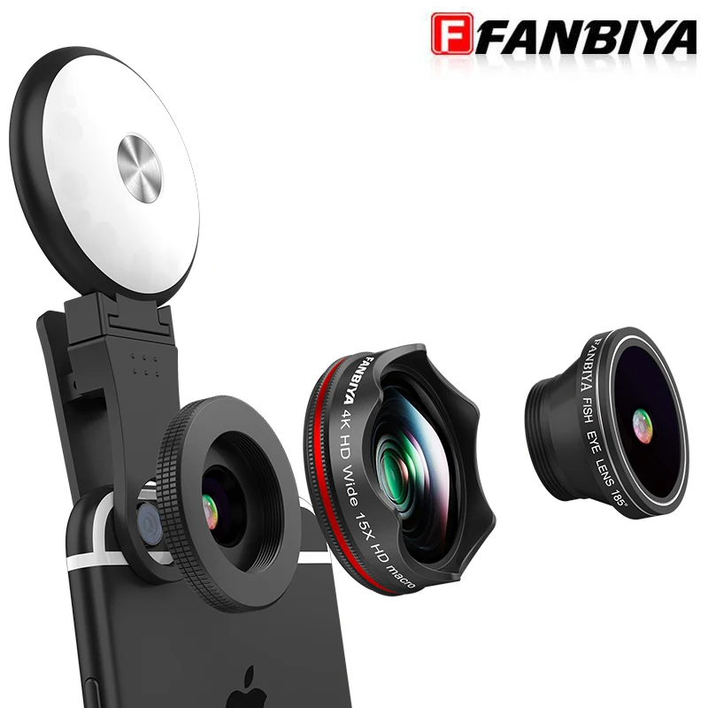 FANBIYA 4in 1 Smartphone Camera Lenses LED Flash Selfie