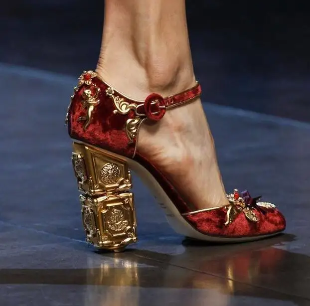

Moraima Snc Newest Round Toe Ankle Strap high Heel Sandals Runway Metal Flower Decorations Thick Heels Pumps Woman Dress Shoes