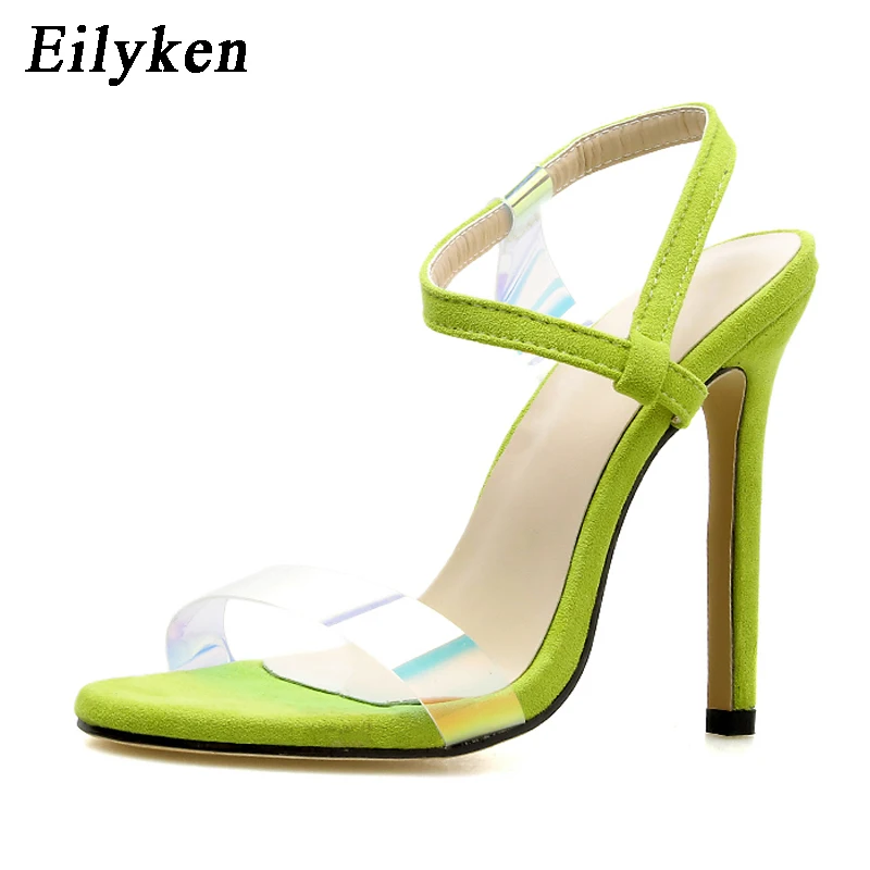 

Eilyken 2019 New Summer PVC Tansparent Green Sandals Sexy Ankle Strap Open Toe Thin High Heel Women Sandals Shoes Size 35-40