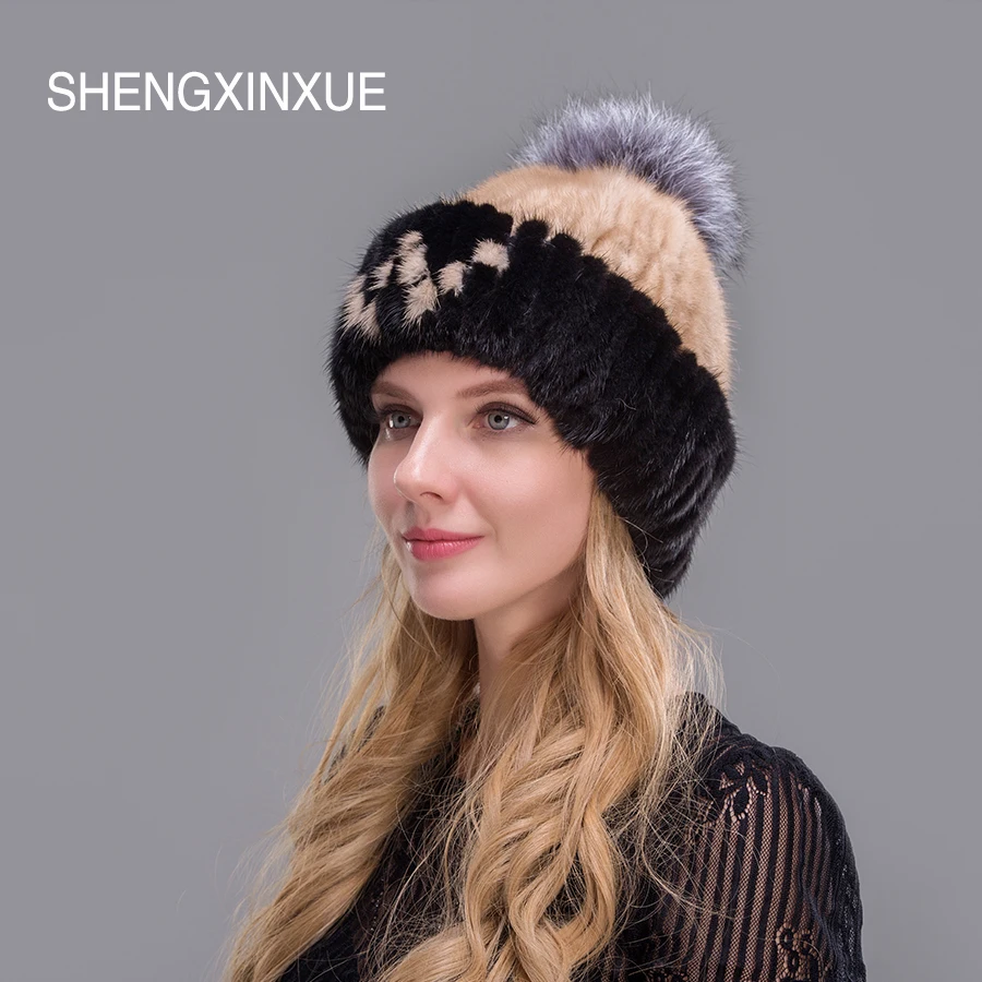 

JIQIUZHANXUEFEI 2019 Mink fur hats winter for women caps with fox fur pompom on the top