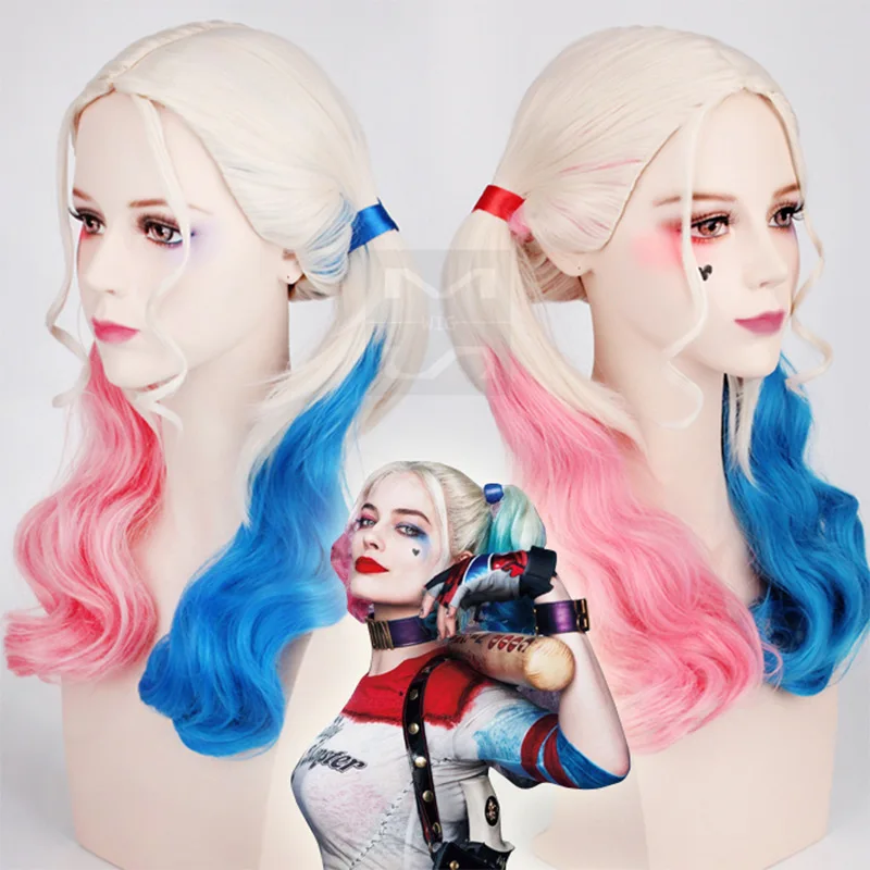 Cosplay&ware Squad Harley Quinn Wig Pink And Blue Long Curly Hair Cosplay Colorful Bunches Fancy Costumes -Outlet Maid Outfit Store
