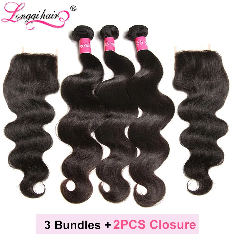 Longqi натуральные человеческие волосы Remy Связки с 2 шт. Кружева Закрытие