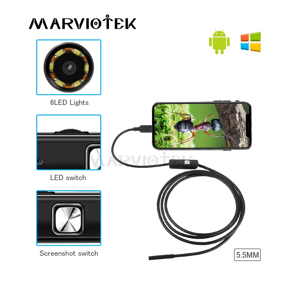 Эндоскоп водонепроницаемый 5 мм 1 м/1 м 6 светодиодный USB Android|Камеры