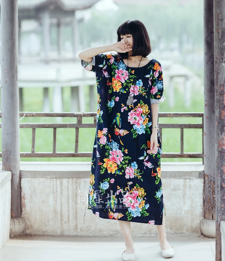 SCUWLINEN женское Летнее льняное платье в винтажном стиле с цветочным принтом и бабочками, свободное платье средней длины размера плюс, Повседневное платье S18
