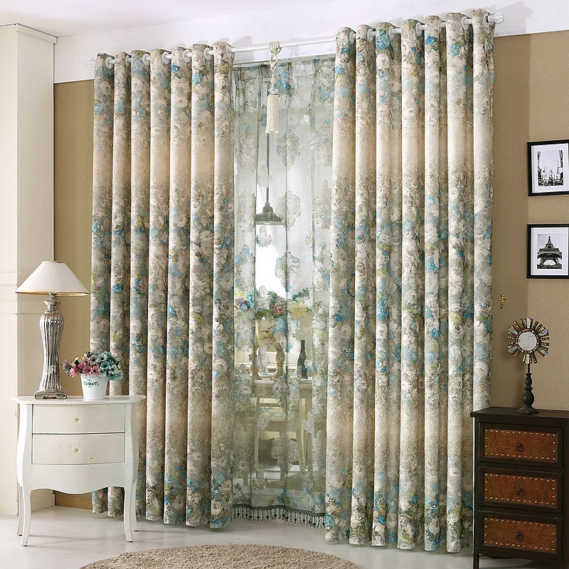 America Pastoral Style Blue Floral Jacquard Curtain Living Room Bedroom