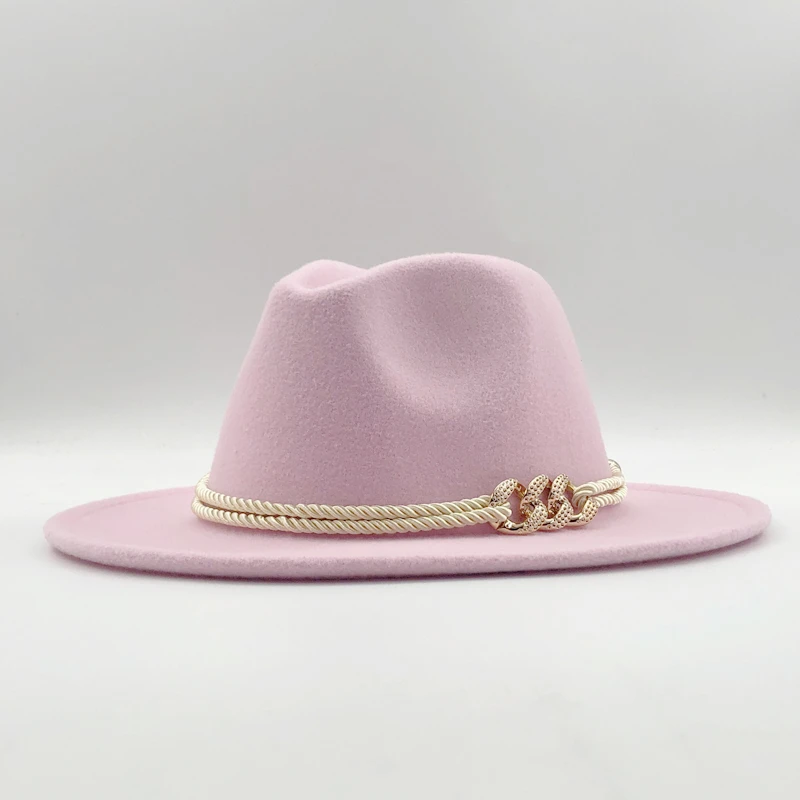 Черный шерстяной фетр Джаз Fedora шапки со шнурками Пряжка декор для женщин унисекс Панама с широкими полями Трилби ковбойская Кепка Панама - Цвет: pink