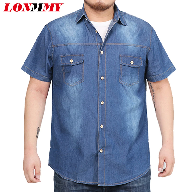 LONMMY 7XL 8XL джинсовые рубашки, мужские джинсовые рубашки, мужские повседневные рубашки с коротким рукавом, хлопковые мужские рубашки высокого качества