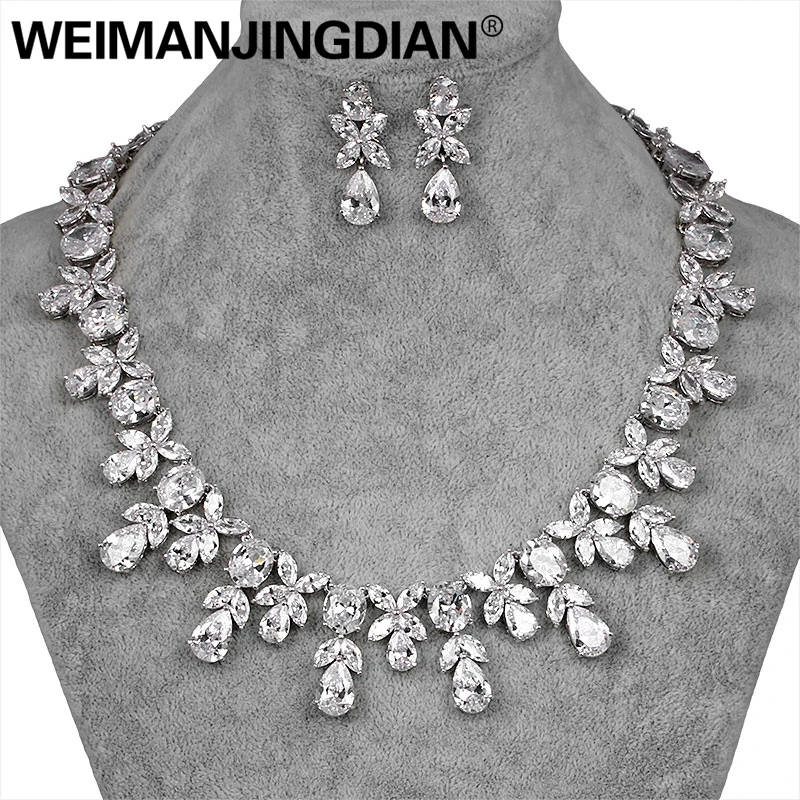 WEIMANJINGDIAN Brand Luxury Waterdrop and Flower Cubic Zirconia Crystal Necklace and Earring Bridal Wedding Jewelry Set цена WEIMANJINGDIAN Brand Luxury Waterdrop and Flower Cubic Zirconia Crystal Necklace and Earring Bridal Wedding Jewelry Set цены онлайн