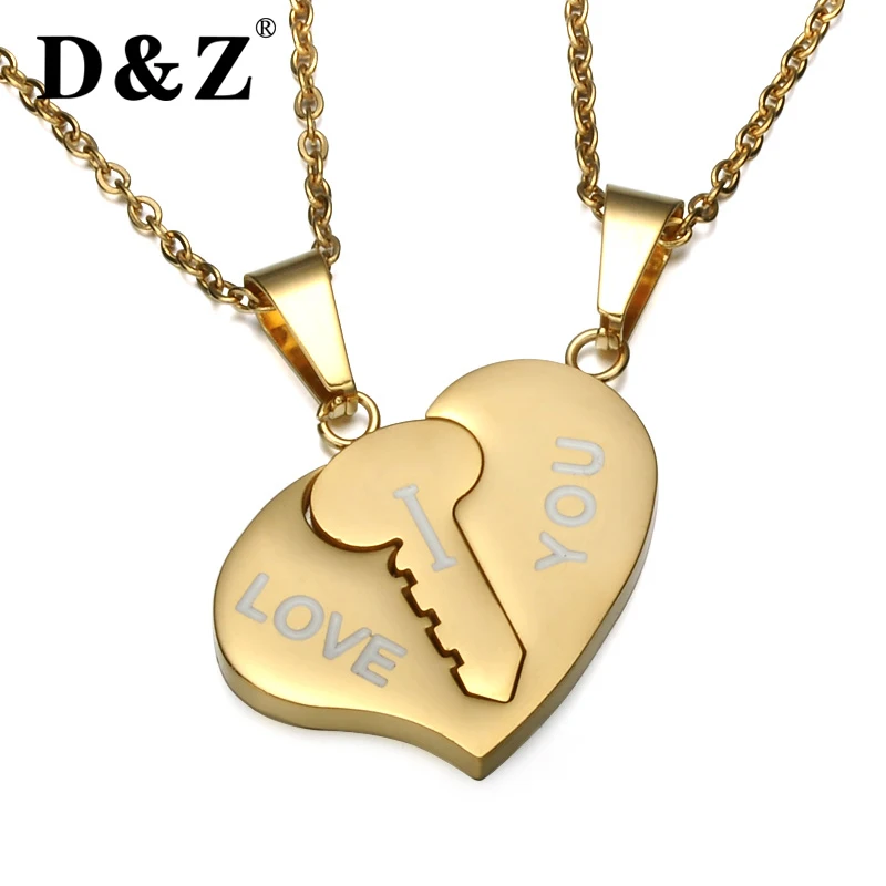 D&Z Romantic Couples Heart Key Necklace Pendant Stainless Steel Chain