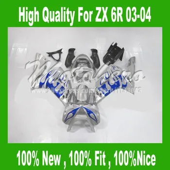 

Flame Fairing FOR KAWASAKI ZX6R 03 04 Ninja ZX-6R 2003 2004 ZX 6R 636 03 04 blue Silver ABS motorcycle fairing parts #SS27BMTHO