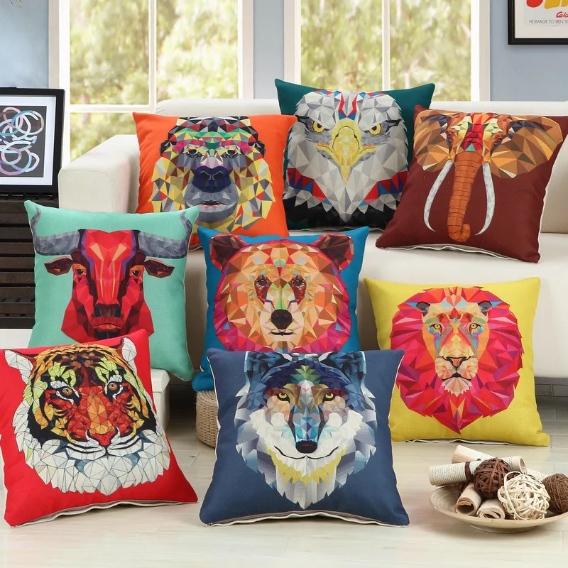 45x45cm Vintage Colorful Art Animal Printed Cushion Cover Linen Cotton