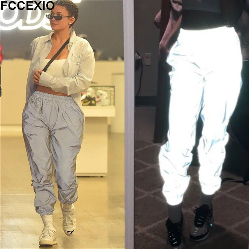 

FCCEXIO 2019 New Reflective Gray Solid Pants With Pockets Women Fitness Harem Pants High Waist Ankle-Lengh Trousers Female Pants